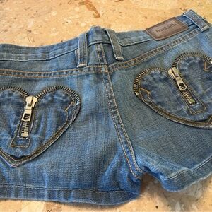 Rare Frankie B. Blue Denim Shorts with Heart Zipper Pockets